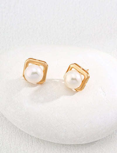 Geometric Gold Vermeil Pearl Stud Earrings