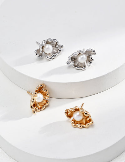 Golden Bloom Pearl Stud Earrings