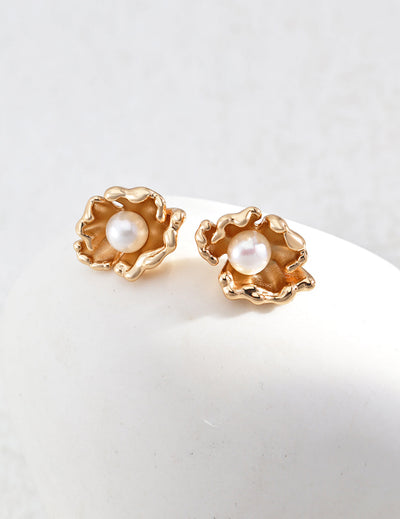 Golden Bloom Pearl Stud Earrings