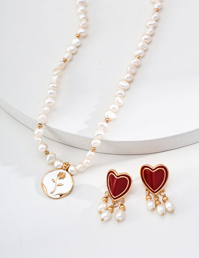 Freshwater Pearl Necklace with Enamel Rose Pendant