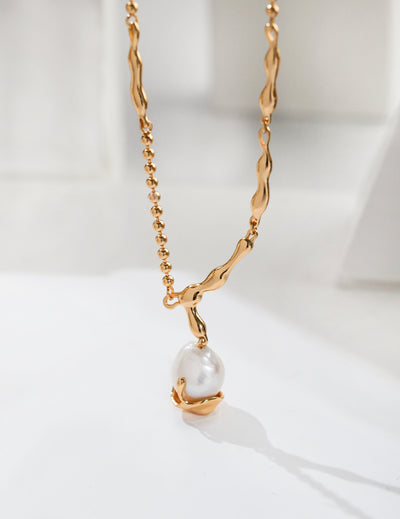 Abstract Gold Plated Freshwater Pearl Pendant Necklace