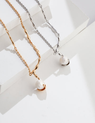 Abstract Gold Plated Freshwater Pearl Pendant Necklace