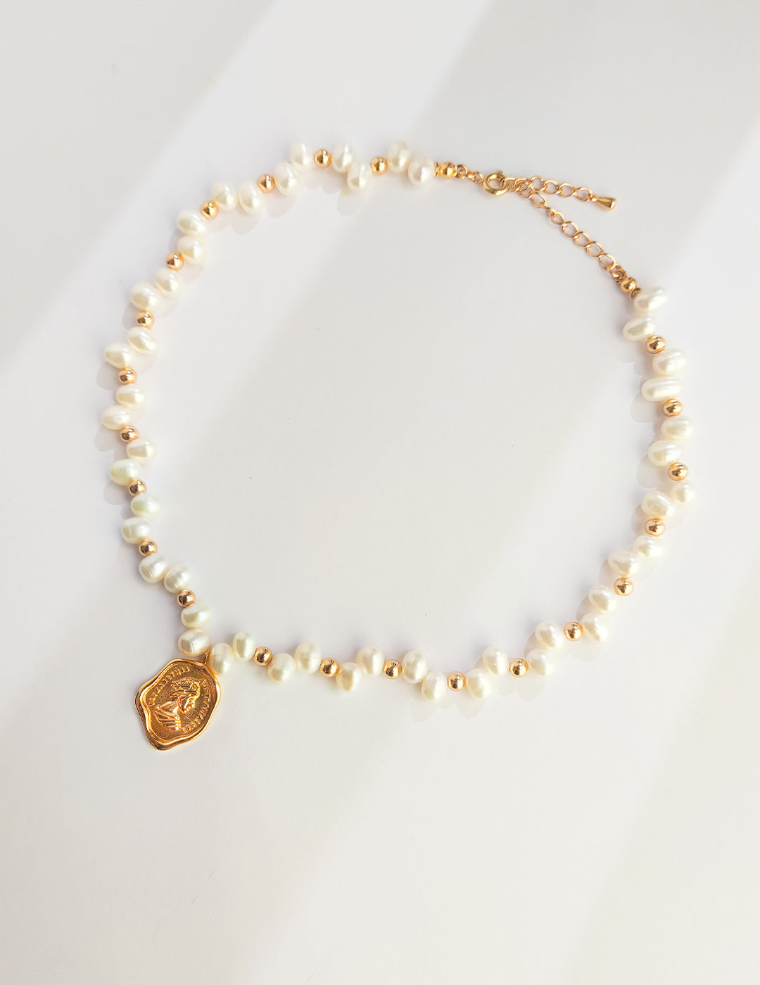 Freshwater Pearl Beaded Necklace with Gold Coin Pendant